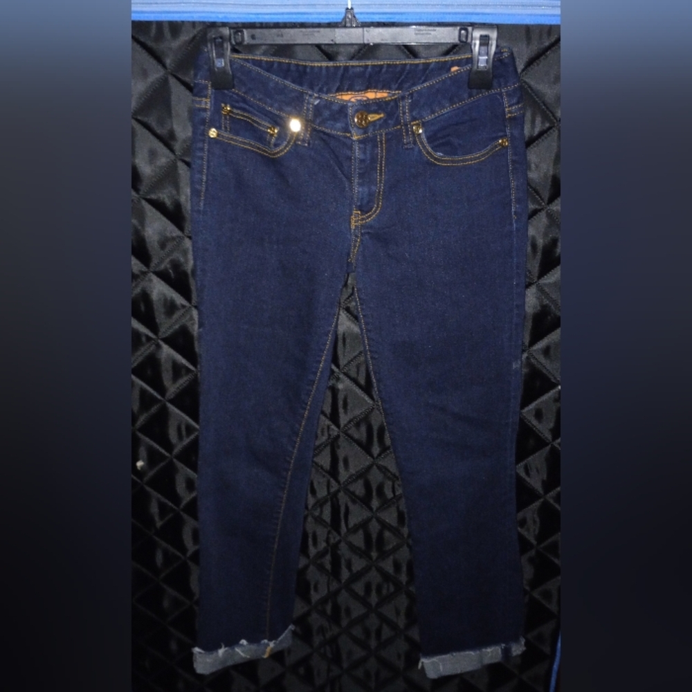 Tory Burch Women's Blue Denim Dark Wash Cuffed Straight Leg Jeans Size 25 - Picture 2 of 12